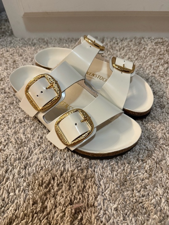 Birkenstock Shoes - Birkenstock White Double-Strap Sandals with Gold Buckles